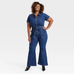 Open Box - Ava & Viv - Women's Short Sleeve Denim Jumpsuit - A Dark Wash